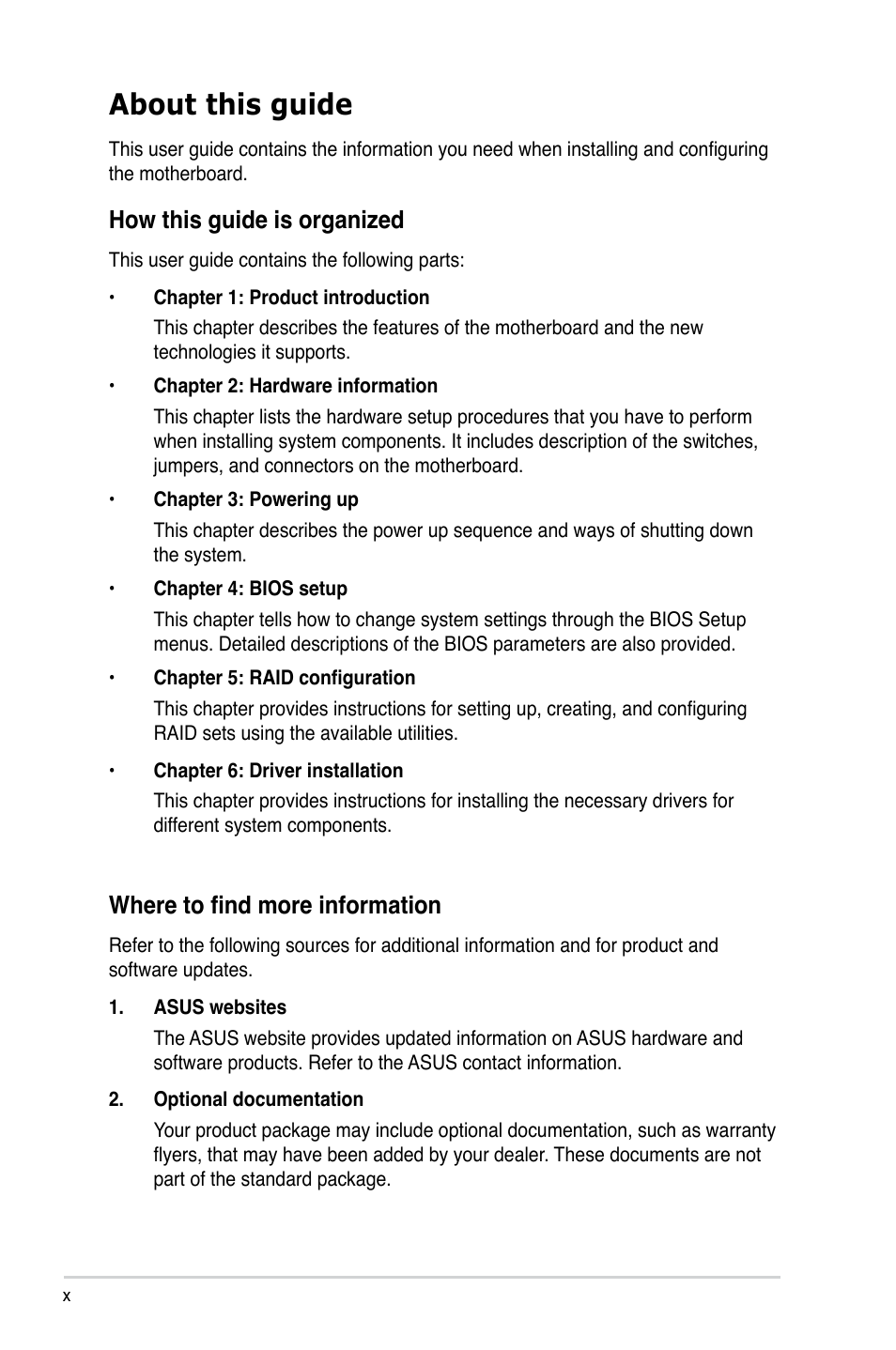 About this guide, How this guide is organized, Where to find more information | Asus KGPE-D16 User Manual | Page 10 / 158
