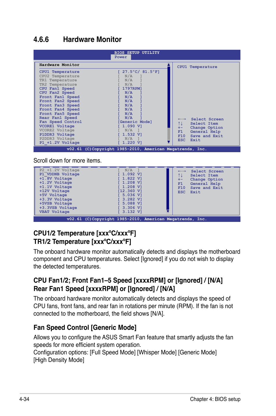6 hardware monitor, Hardware monitor -34, Fan speed control [generic mode | Scroll down for more items, 34 chapter 4: bios setup | Asus KGPE-D16 User Manual | Page 100 / 158
