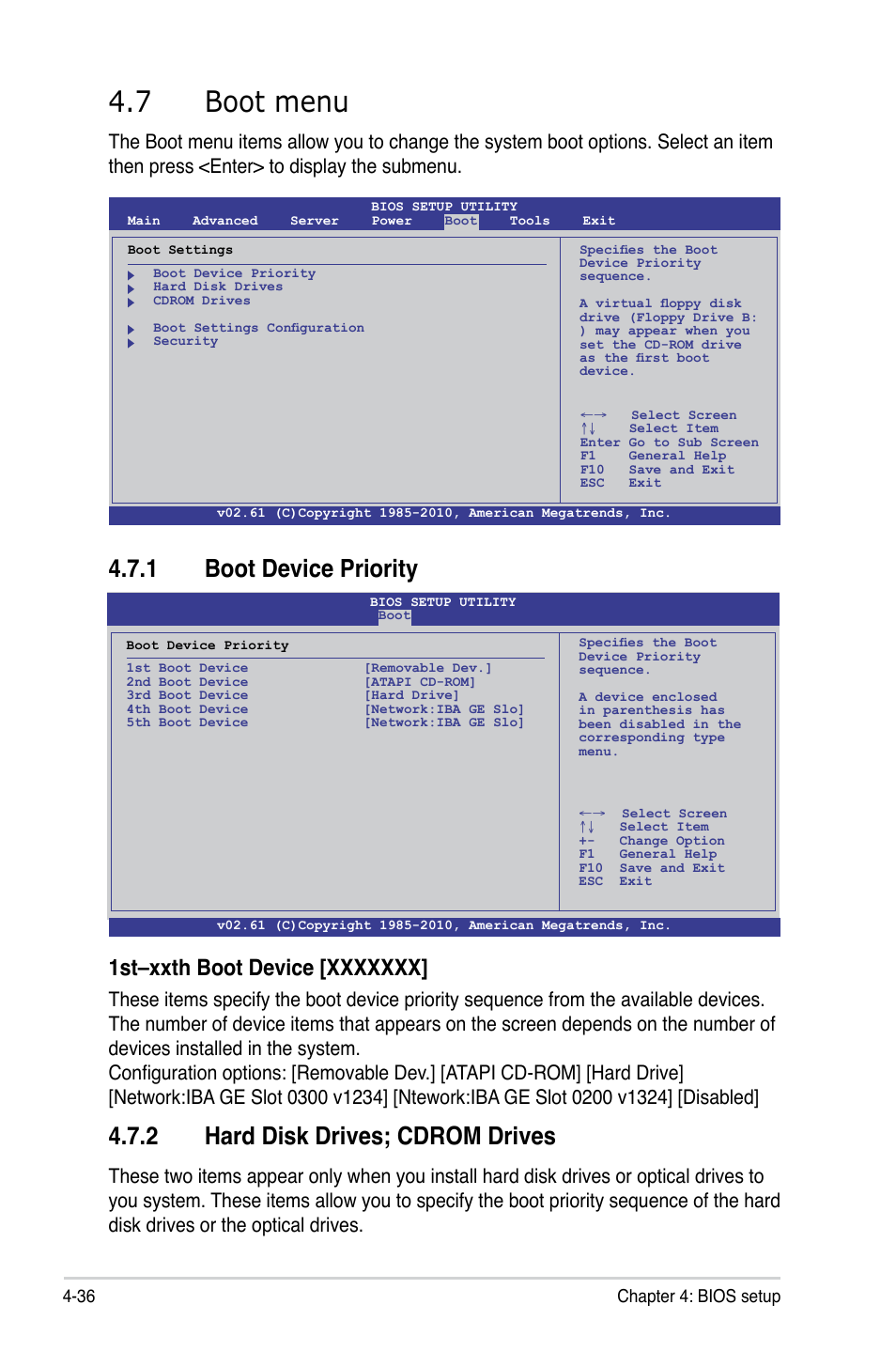 7 boot menu, 1 boot device priority, 2 hard disk drives; cdrom drives | Boot menu -36 4.7.1, Boot device priority -36, Hard disk drives; cdrom drives -36 | Asus KGPE-D16 User Manual | Page 102 / 158