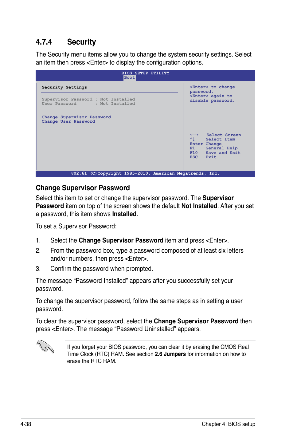 4 security, Security -38, Change supervisor password | Asus KGPE-D16 User Manual | Page 104 / 158