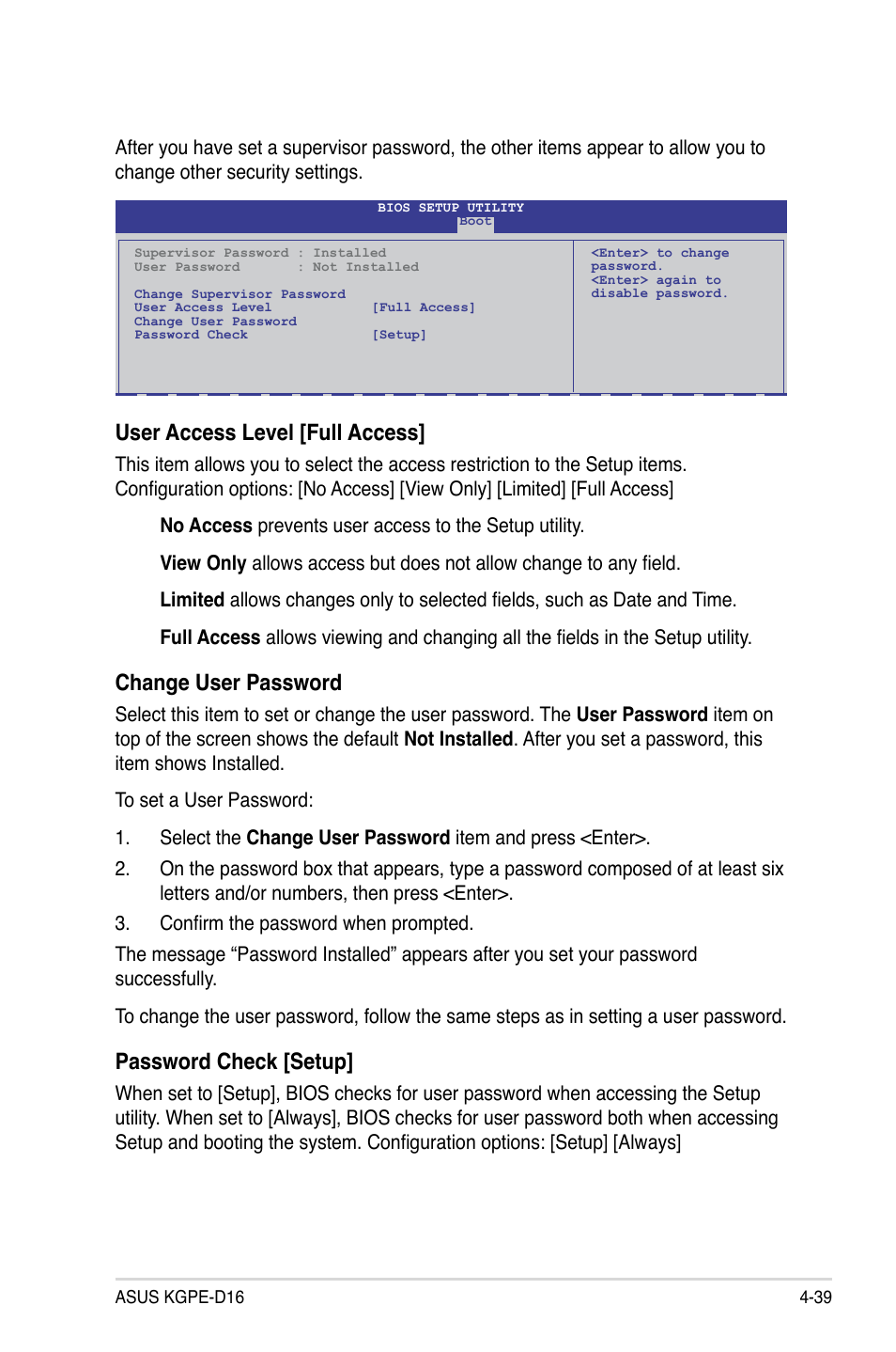 User access level [full access, Change user password, Password check [setup | Asus KGPE-D16 User Manual | Page 105 / 158