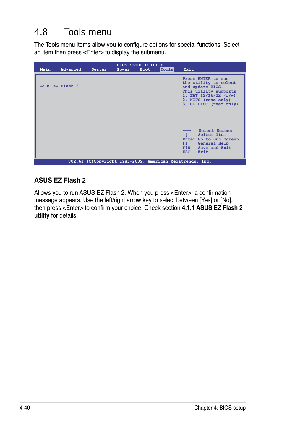8 tools menu, Tools menu -40, Asus ez flash 2 | Asus KGPE-D16 User Manual | Page 106 / 158