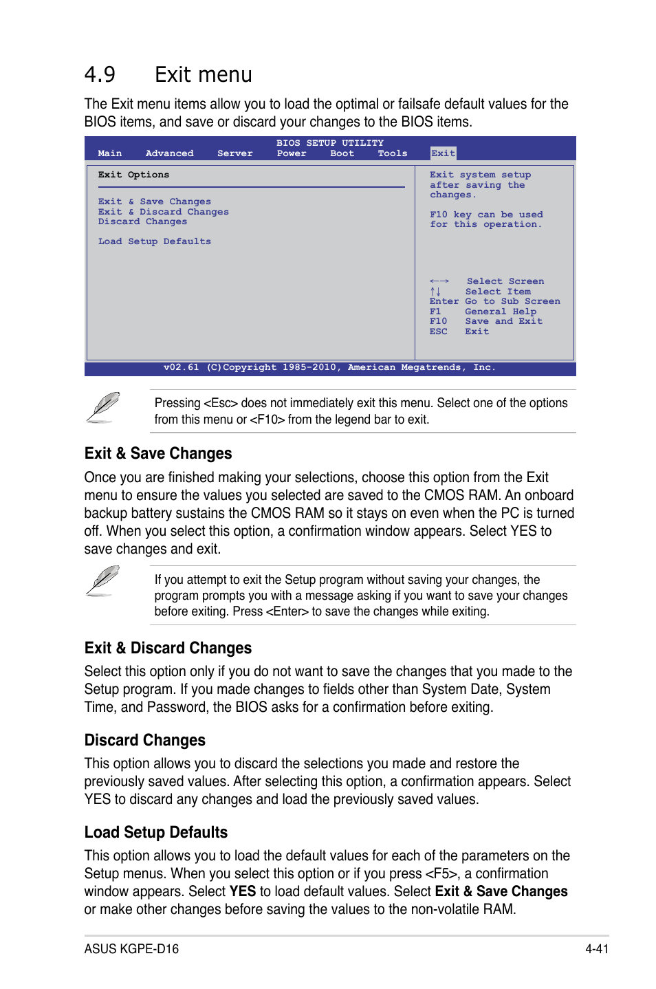 9 exit menu, Exit menu -41, Exit & save changes | Exit & discard changes, Discard changes, Load setup defaults | Asus KGPE-D16 User Manual | Page 107 / 158