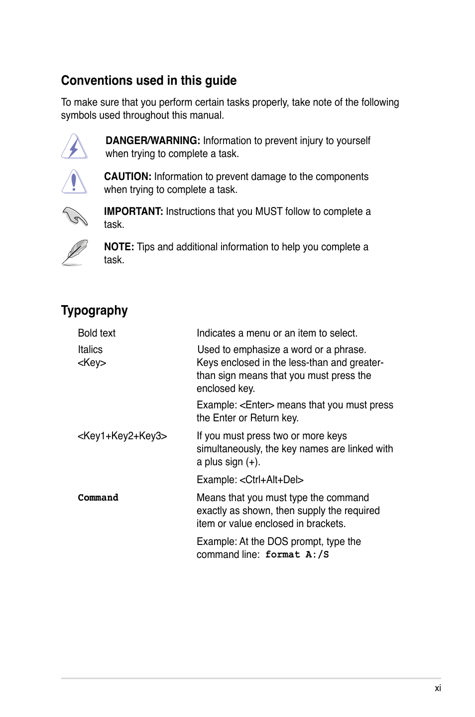 Conventions used in this guide, Typography | Asus KGPE-D16 User Manual | Page 11 / 158