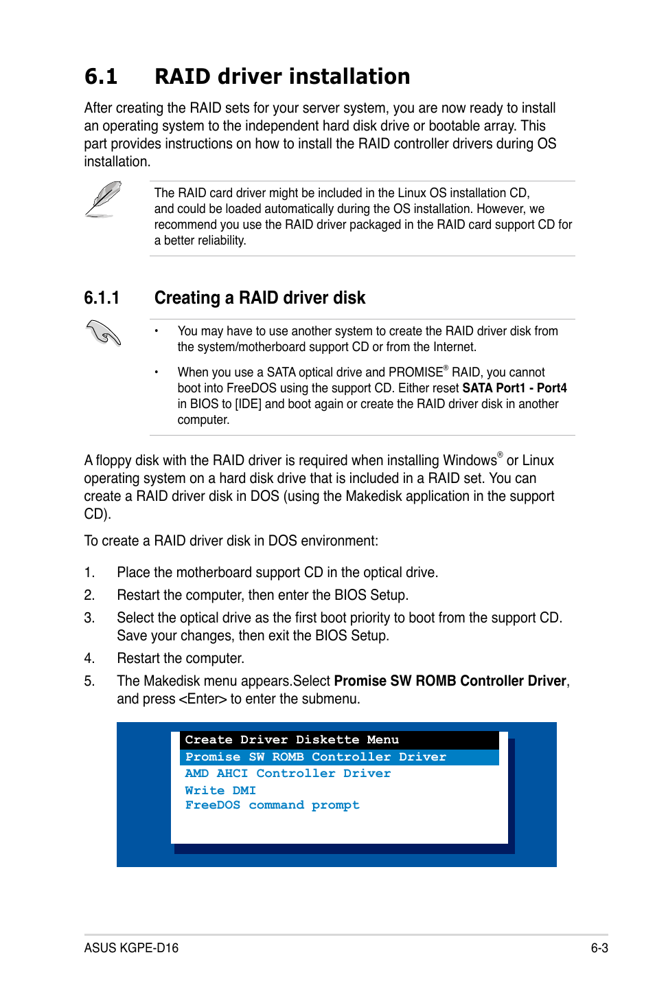 1 raid driver installation, 1 creating a raid driver disk, Raid driver installation -3 6.1.1 | Creating a raid driver disk -3 | Asus KGPE-D16 User Manual | Page 127 / 158