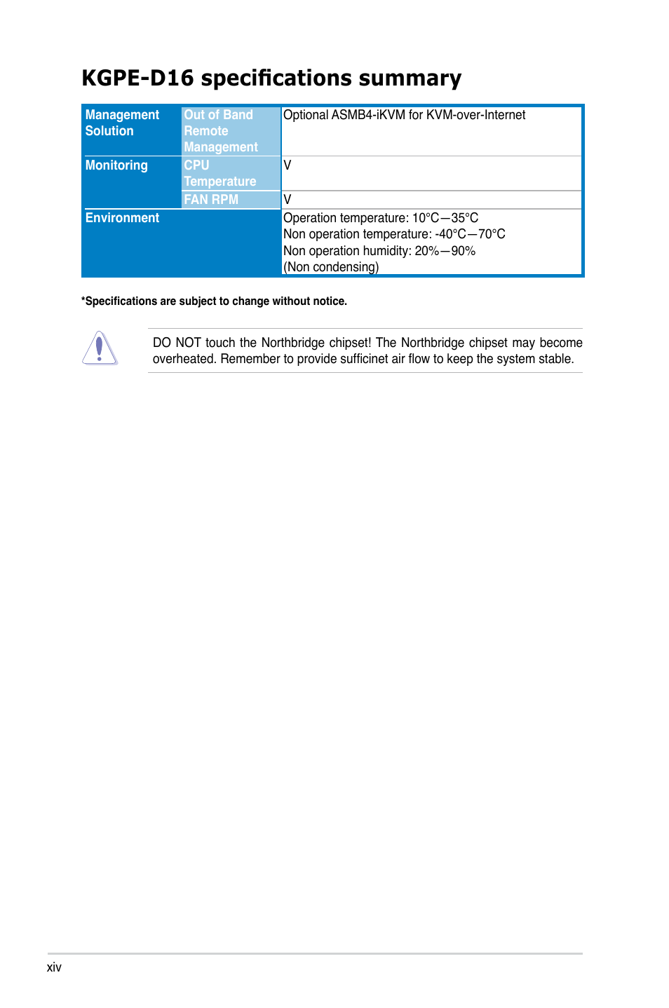 Kgpe-d16 specifications summary | Asus KGPE-D16 User Manual | Page 14 / 158