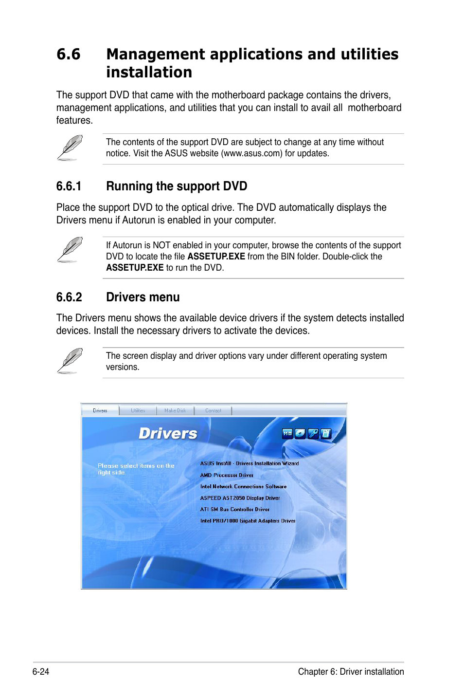 1 running the support dvd, 2 drivers menu, Running the support dvd -24 | Drivers menu -24 | Asus KGPE-D16 User Manual | Page 148 / 158