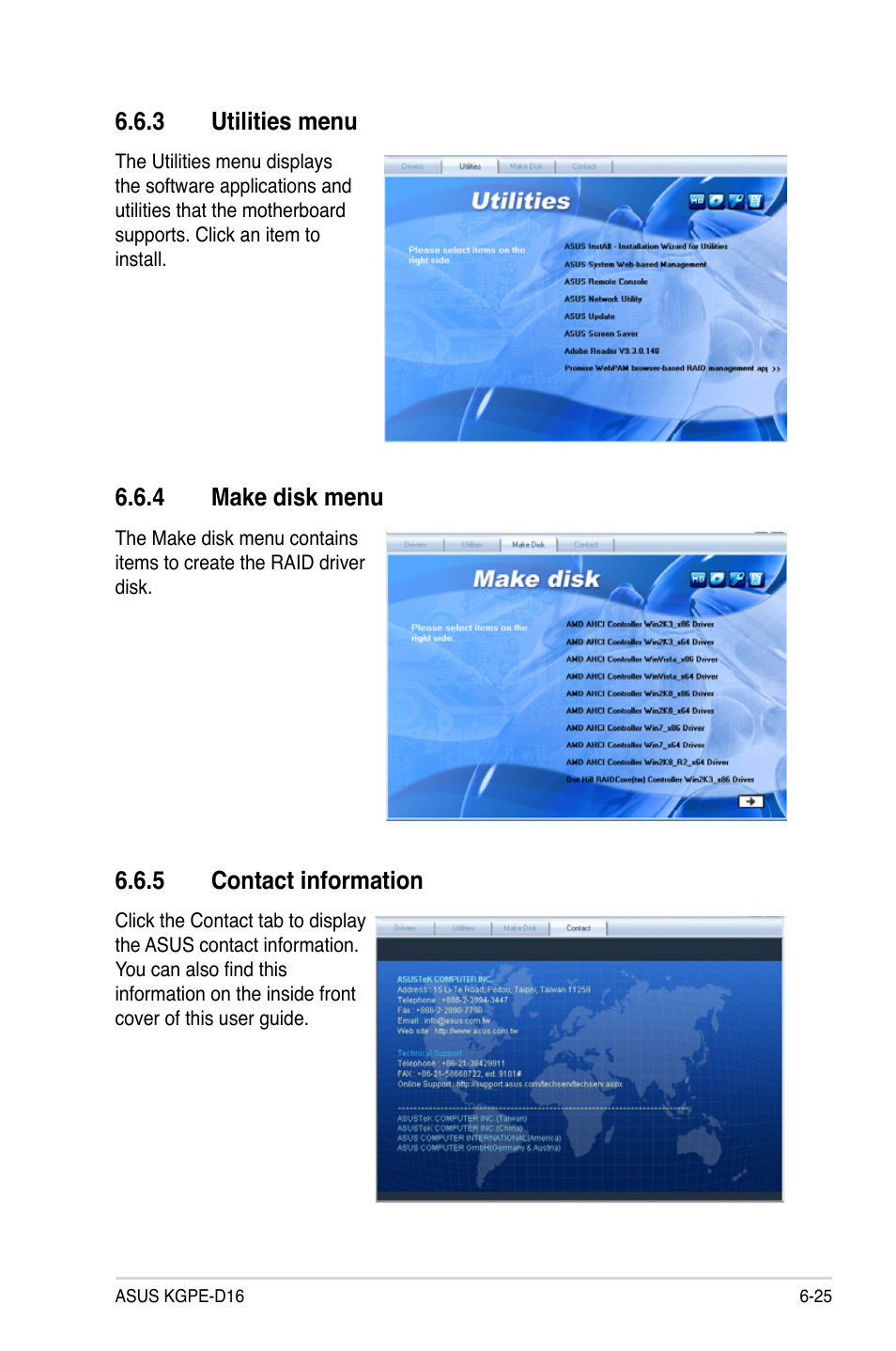 3 utilities menu, 4 make disk menu, 5 contact information | Utilities menu -25, Make disk menu -25, Contact information -25 | Asus KGPE-D16 User Manual | Page 149 / 158