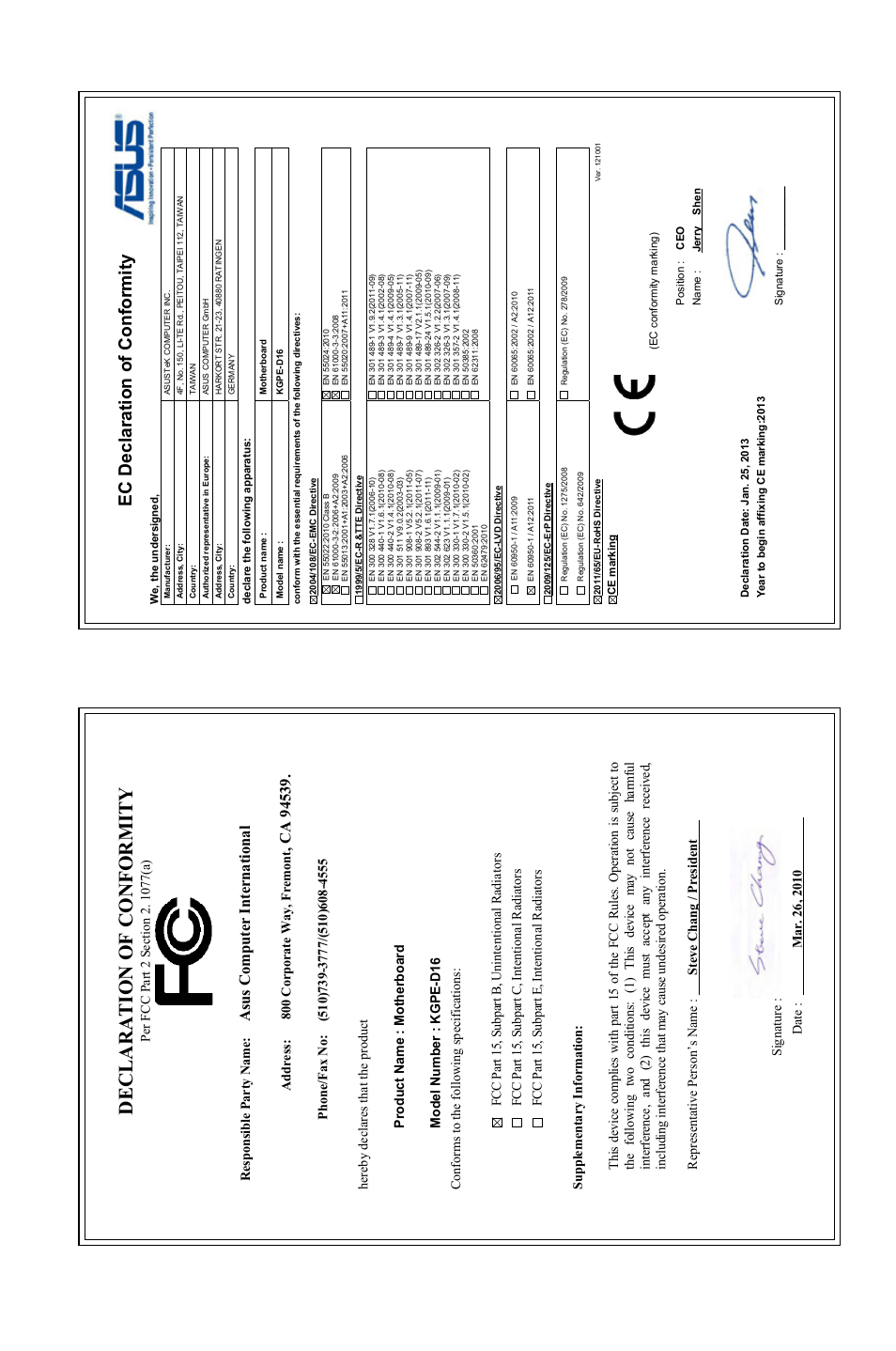 Declaration of conformity, Ec declaration of conformity, Asu s c om pu te r in te rn at io na l | Address: 800 corporate way, fremont | Asus KGPE-D16 User Manual | Page 158 / 158