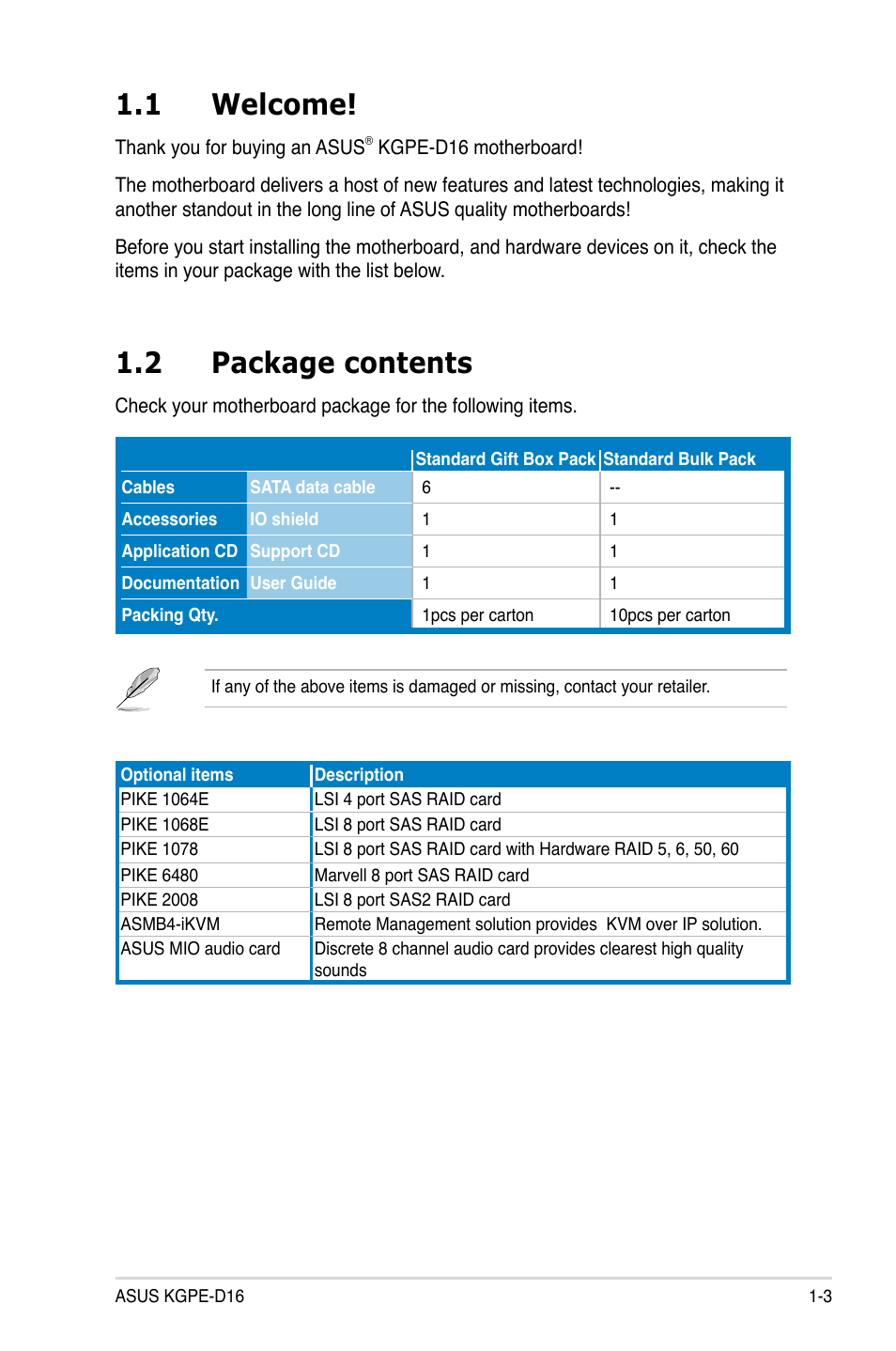 1 welcome, 2 package contents, Welcome! -3 | Package contents -3 | Asus KGPE-D16 User Manual | Page 17 / 158