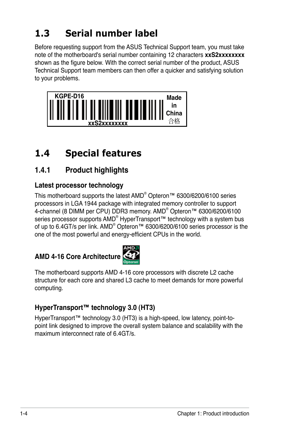 3 serial number label, 4 special features, 1 product highlights | Serial number label -4, Special features -4 1.4.1, Product highlights -4 | Asus KGPE-D16 User Manual | Page 18 / 158