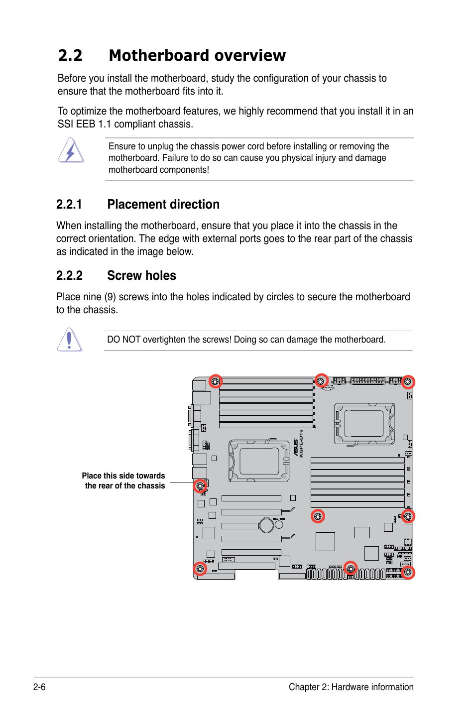 2 motherboard overview, 1 placement direction, 2 screw holes | Motherboard overview -6 2.2.1, Placement direction -6, Screw holes -6 | Asus KGPE-D16 User Manual | Page 26 / 158