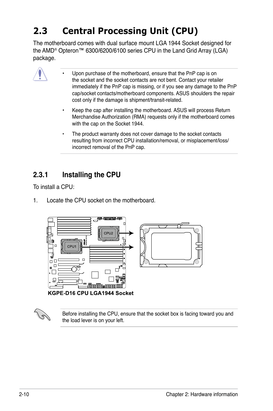 3 central processing unit (cpu), 1 installing the cpu, Central processing unit (cpu) -10 2.3.1 | Installing the cpu -10 | Asus KGPE-D16 User Manual | Page 30 / 158