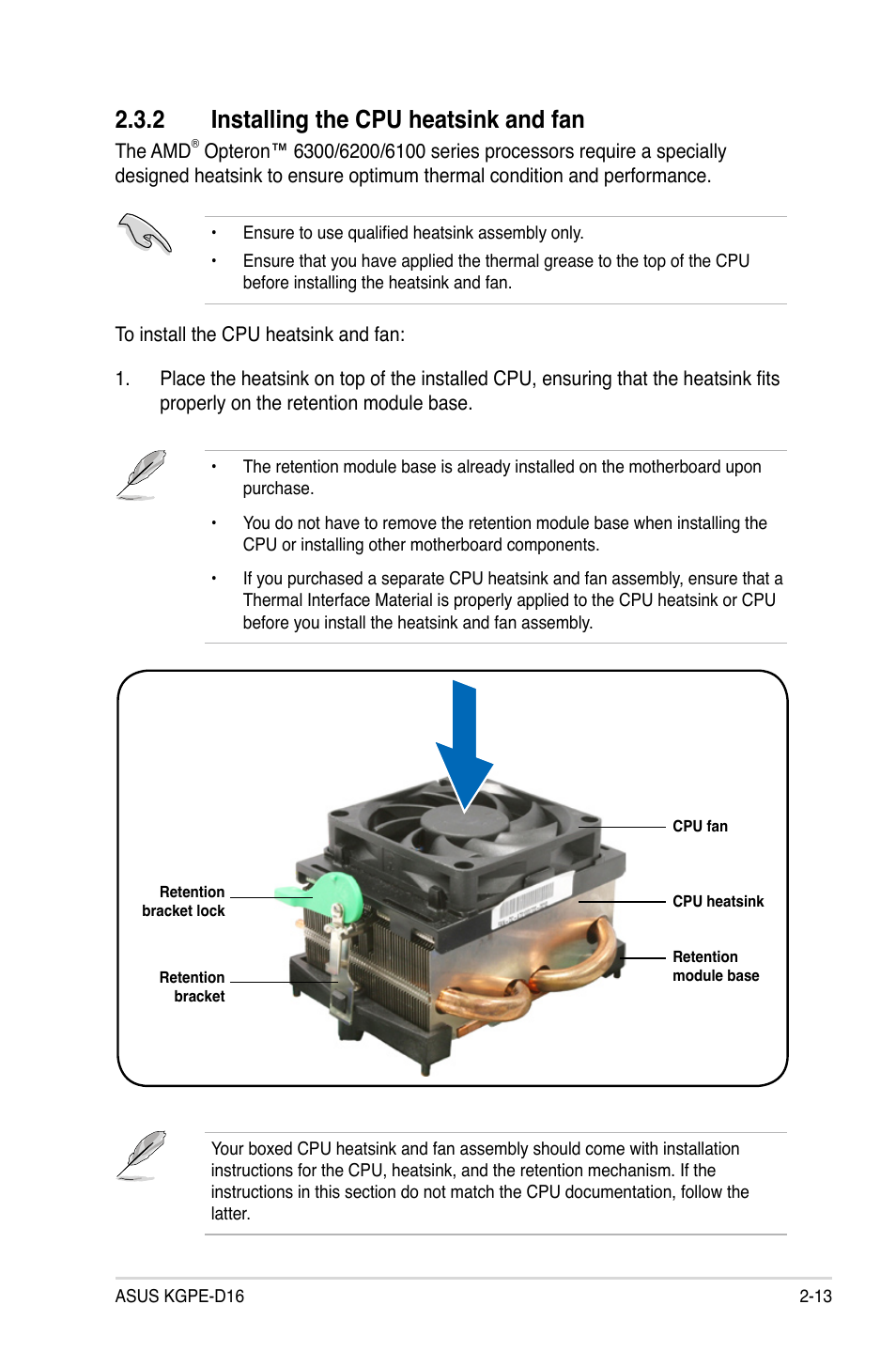 2 installing the cpu heatsink and fan, Installing the cpu heatsink and fan -13 | Asus KGPE-D16 User Manual | Page 33 / 158