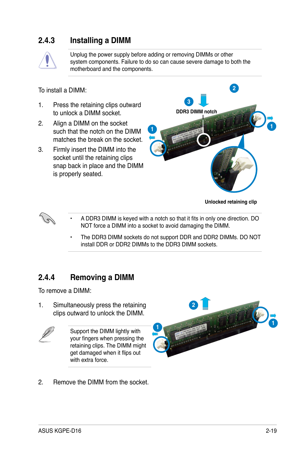 3 installing a dimm, 4 removing a dimm, Installing a dimm -19 | Removing a dimm -19 | Asus KGPE-D16 User Manual | Page 39 / 158