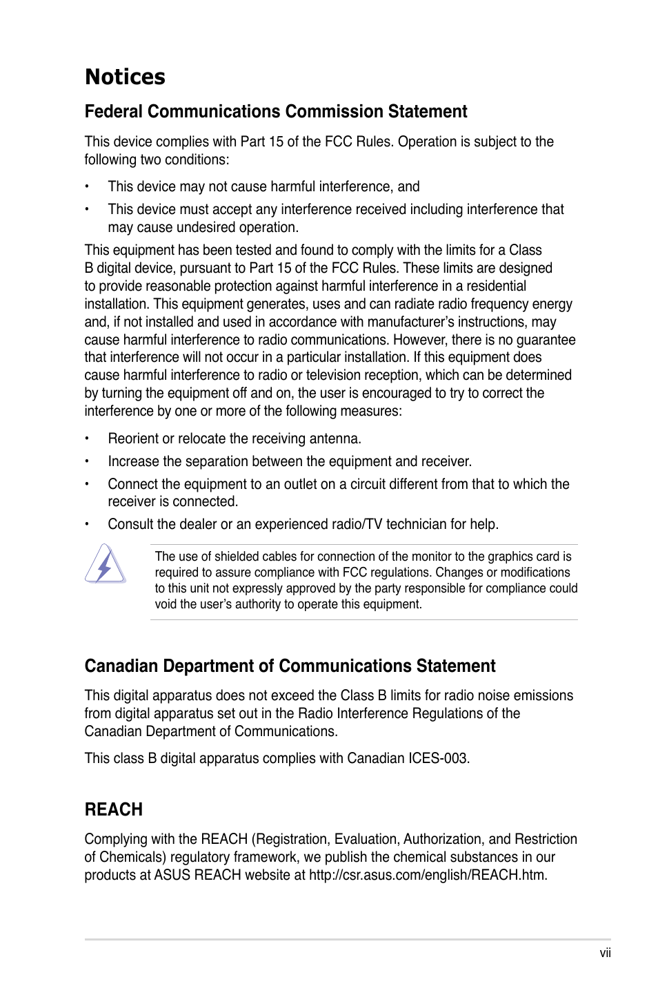 Notices, Federal communications commission statement, Canadian department of communications statement | Reach | Asus KGPE-D16 User Manual | Page 7 / 158