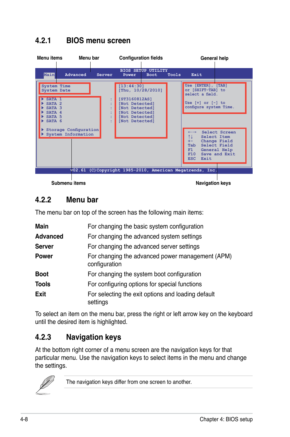 1 bios menu screen, 2 menu bar, 3 navigation keys | Bios menu screen -8, Menu bar -8, Navigation keys -8 | Asus KGPE-D16 User Manual | Page 74 / 158