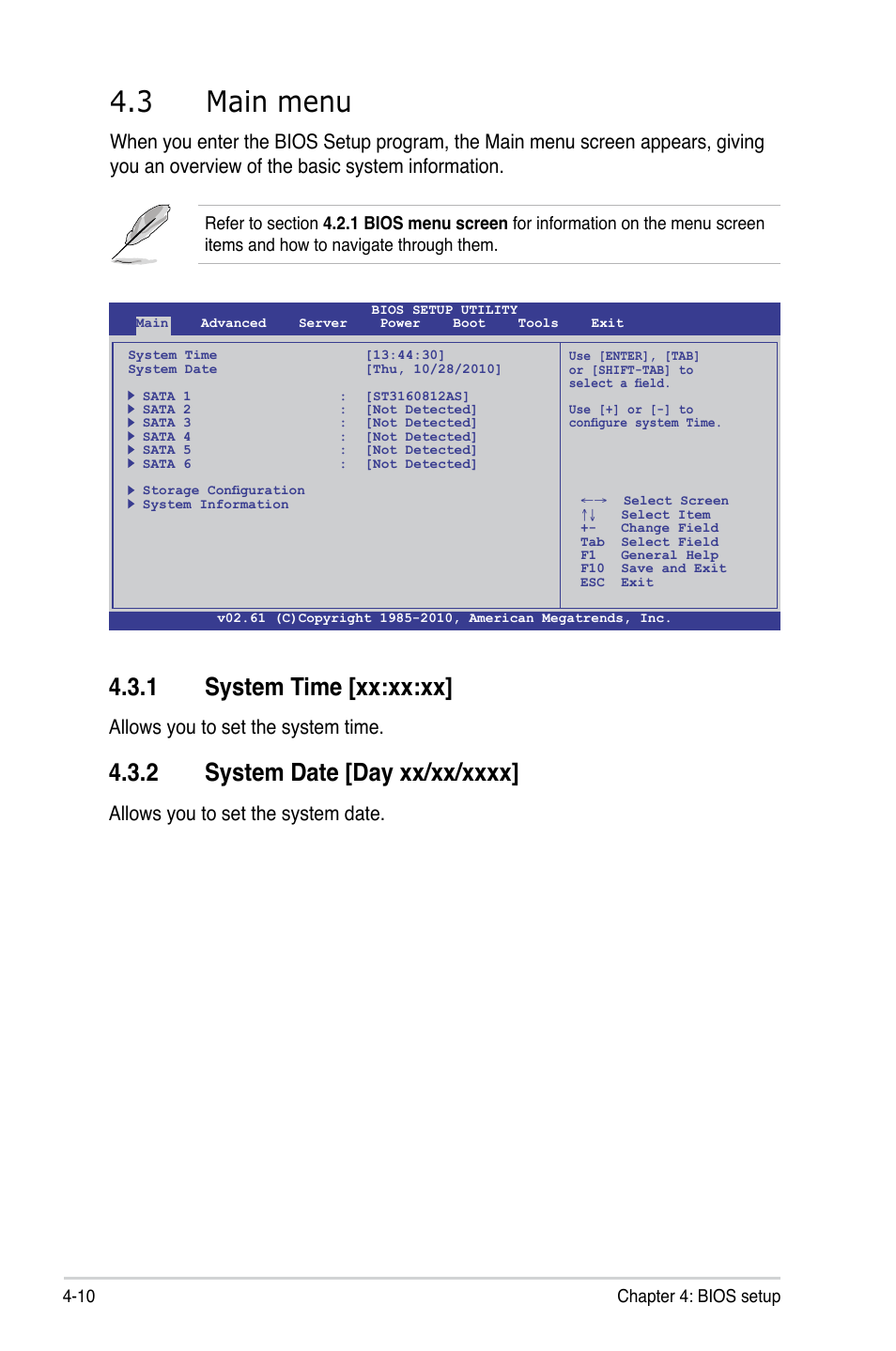 3 main menu, 1 system time [xx:xx:xx, 2 system date [day xx/xx/xxxx | Main menu -10 4.3.1, System time [xx:xx:xx] -10, System date [day xx/xx/xxxx] -10, Allows you to set the system time, Allows you to set the system date | Asus KGPE-D16 User Manual | Page 76 / 158