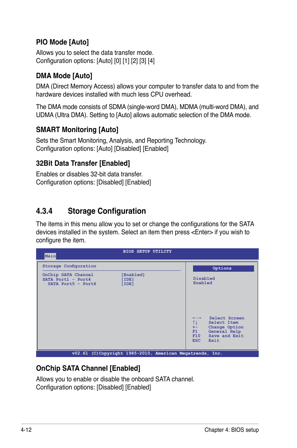 4 storage configuration, Storage configuration -12, Pio mode [auto | Dma mode [auto, Smart monitoring [auto, 32bit data transfer [enabled, Onchip sata channel [enabled | Asus KGPE-D16 User Manual | Page 78 / 158