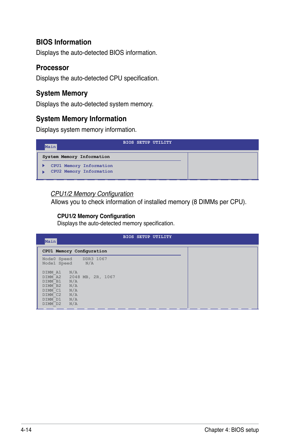 Bios information, Processor, Displays the auto-detected bios information | Displays the auto-detected cpu specification | Asus KGPE-D16 User Manual | Page 80 / 158