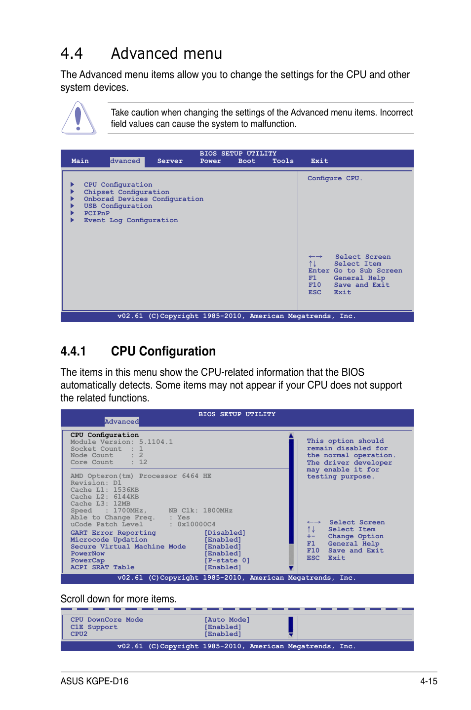 4 advanced menu, 1 cpu configuration, Advanced menu -15 4.4.1 | Cpu configuration -15, Scroll down for more items | Asus KGPE-D16 User Manual | Page 81 / 158