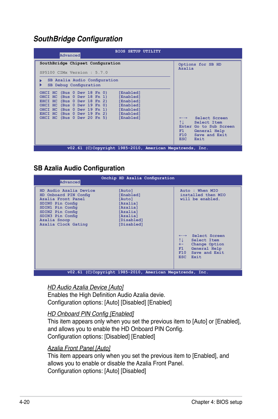 Southbridge configuration, Sb azalia audio configuration, 20 chapter 4: bios setup | Asus KGPE-D16 User Manual | Page 86 / 158