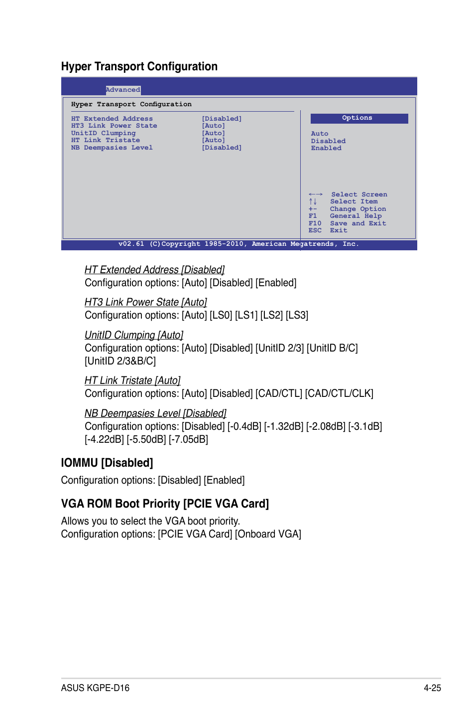 Hyper transport configuration, Iommu [disabled, Vga rom boot priority [pcie vga card | Configuration options: [disabled] [enabled | Asus KGPE-D16 User Manual | Page 91 / 158