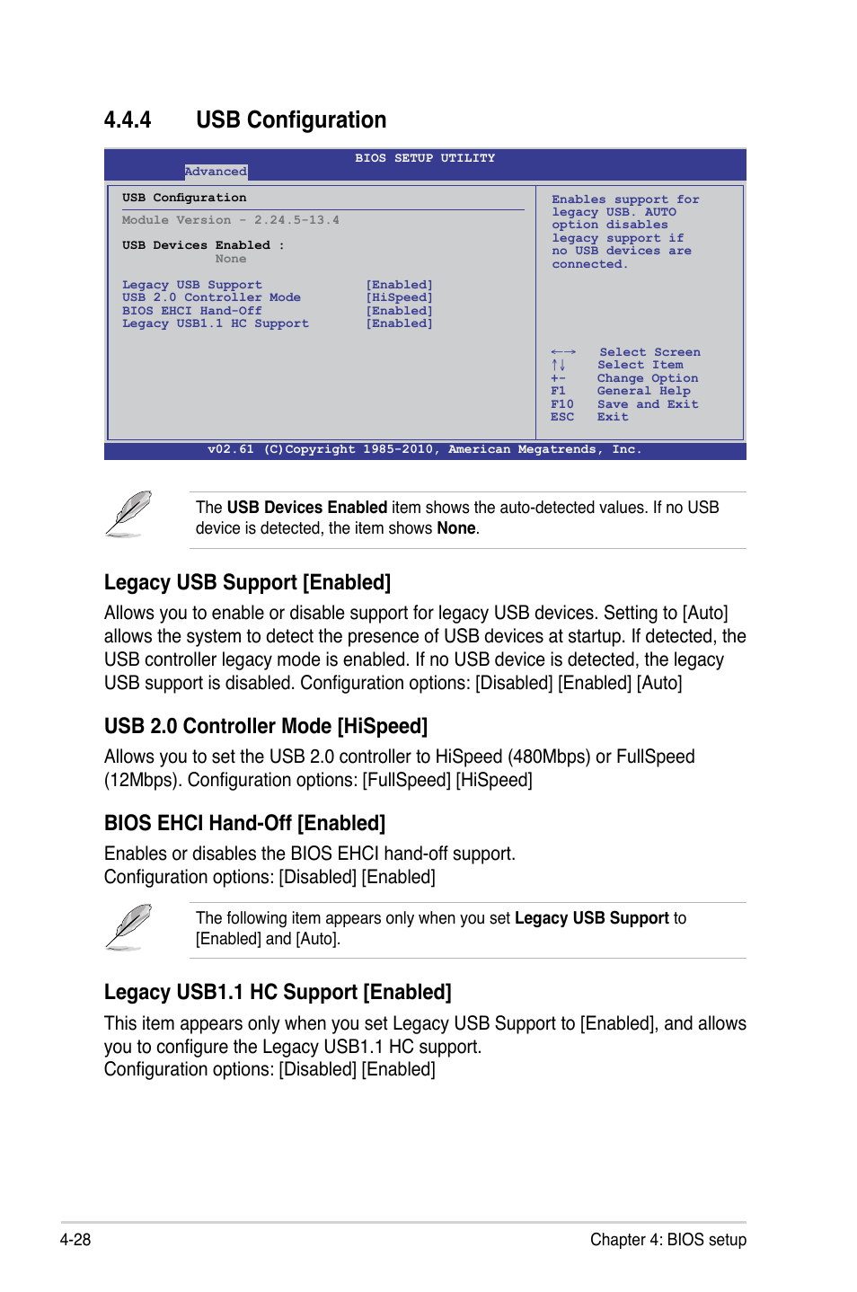 4 usb configuration, Usb configuration -28, Legacy usb support [enabled | Usb 2.0 controller mode [hispeed, Bios ehci hand-off [enabled, Legacy usb1.1 hc support [enabled | Asus KGPE-D16 User Manual | Page 94 / 158