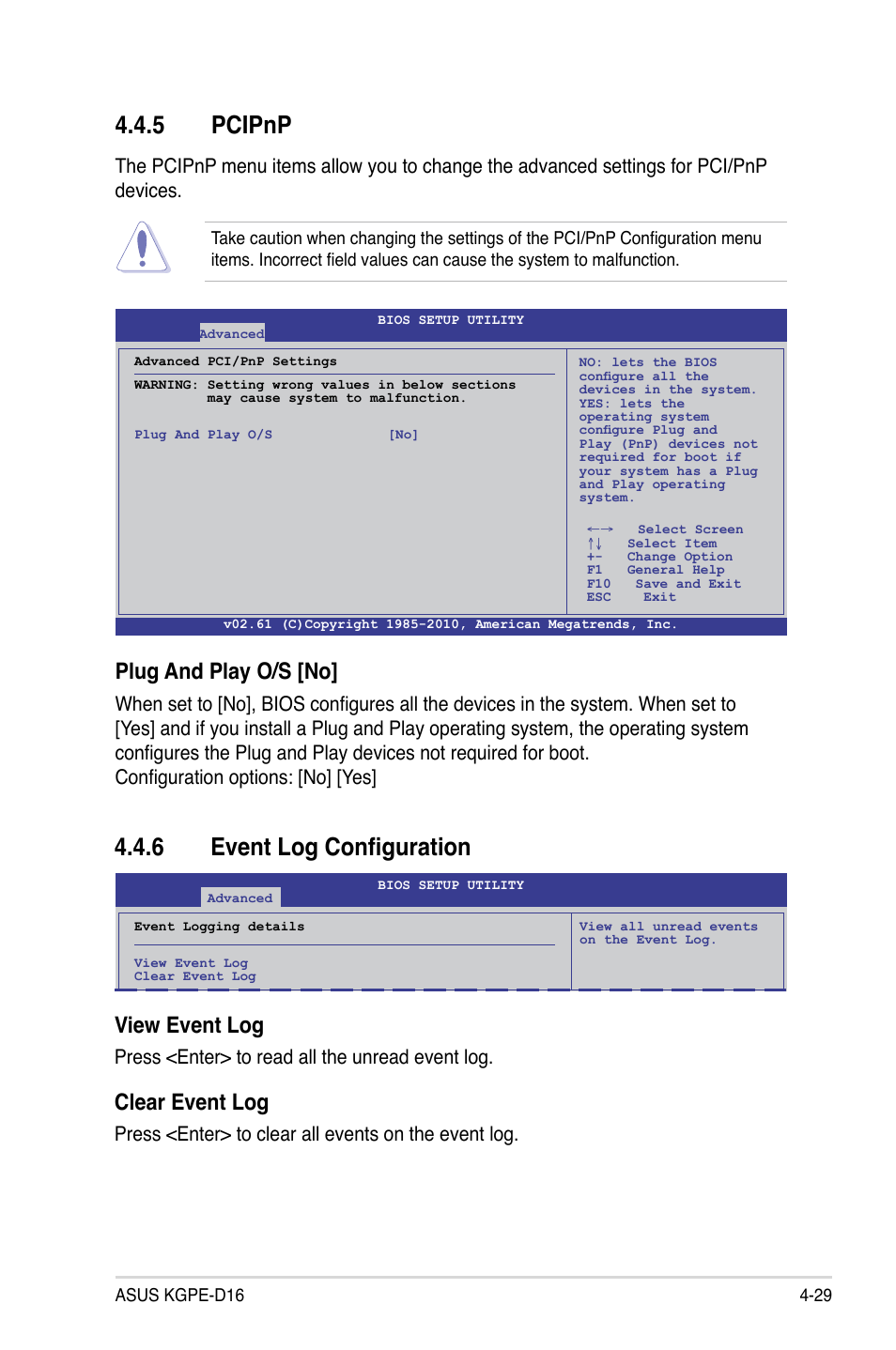 5 pcipnp, 6 event log configuration, Pcipnp -29 | Event log configuration -29, Plug and play o/s [no, View event log, Clear event log, Press <enter> to read all the unread event log, Press <enter> to clear all events on the event log | Asus KGPE-D16 User Manual | Page 95 / 158