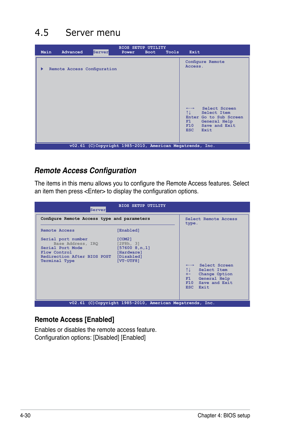 5 server menu, Server menu -30, Remote access configuration | Remote access [enabled, 30 chapter 4: bios setup | Asus KGPE-D16 User Manual | Page 96 / 158