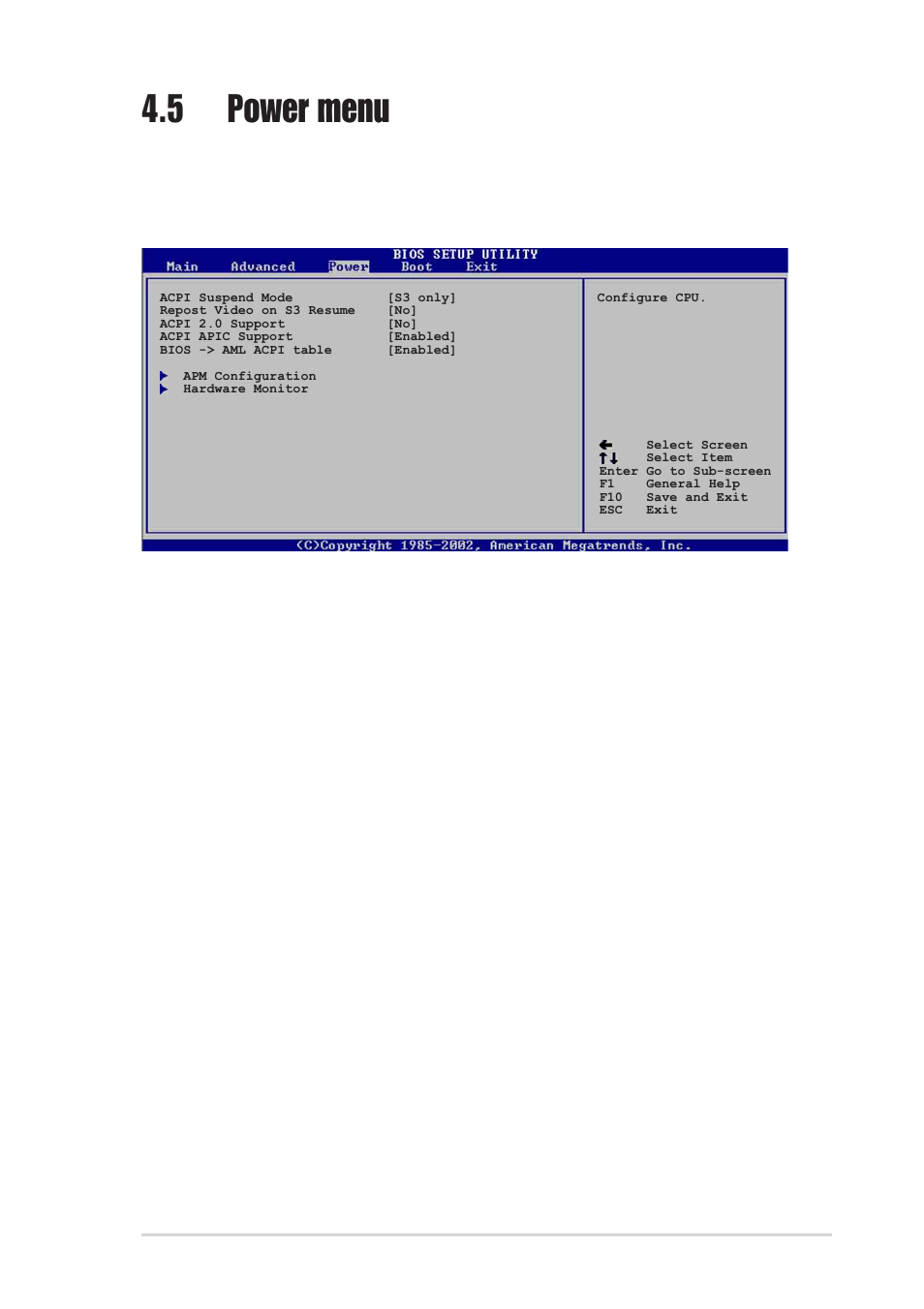 5 power menu, 1 acpi suspend mode [s3 only, 2 repost video on s3 resume [no | 3 acpi 2.0 support [no, 4 acpi apic support [enabled, 5 bios -> aml acpi table [enabled | Asus AW171 User Manual | Page 87 / 126