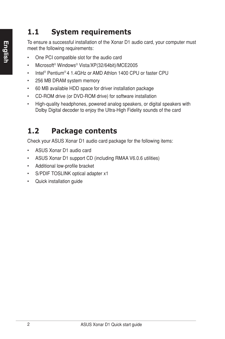 1 system requirements, 2 package contents, English | Asus Xonar D1 User Manual | Page 2 / 10