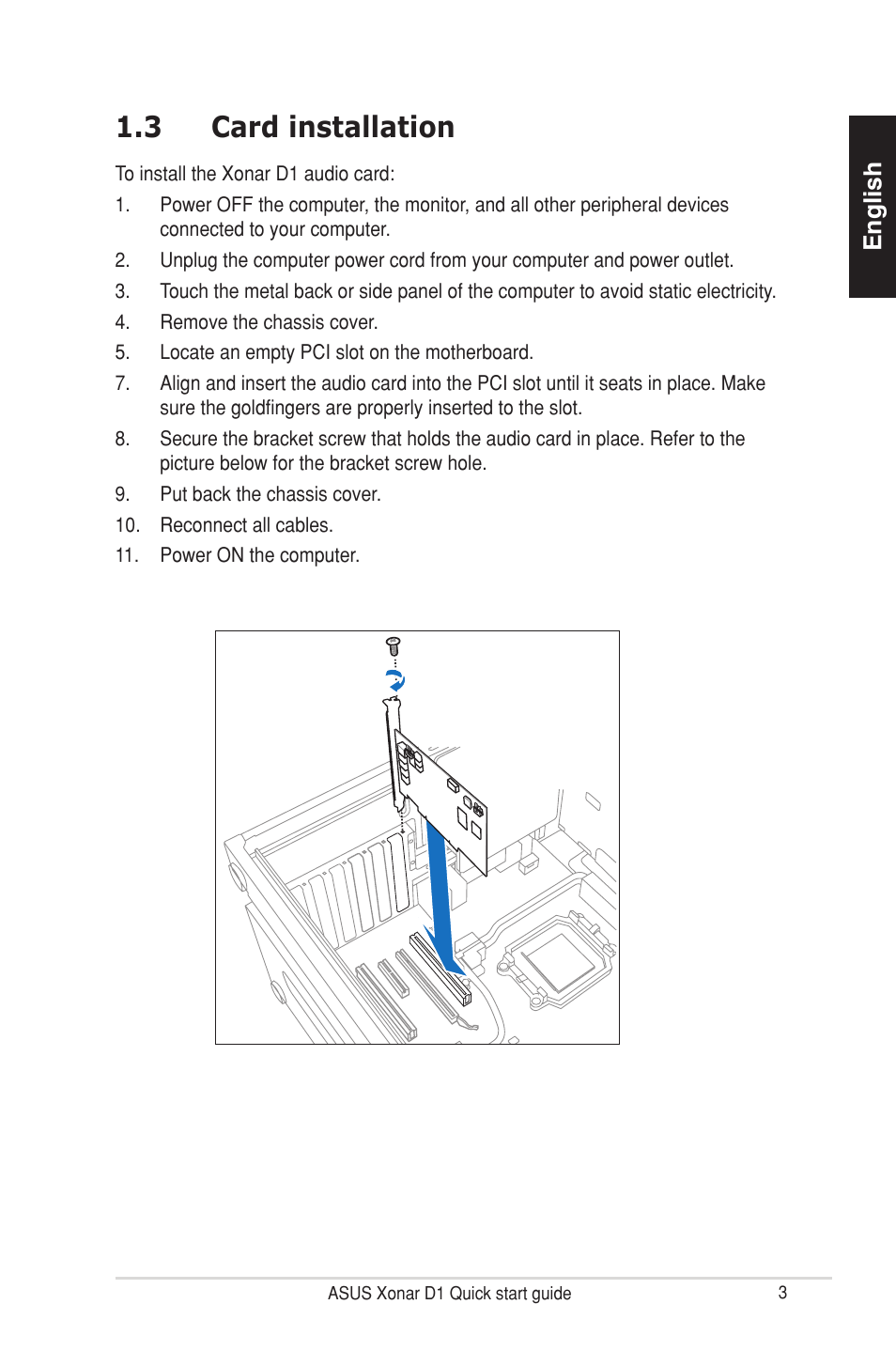 3 card installation, English | Asus Xonar D1 User Manual | Page 3 / 10