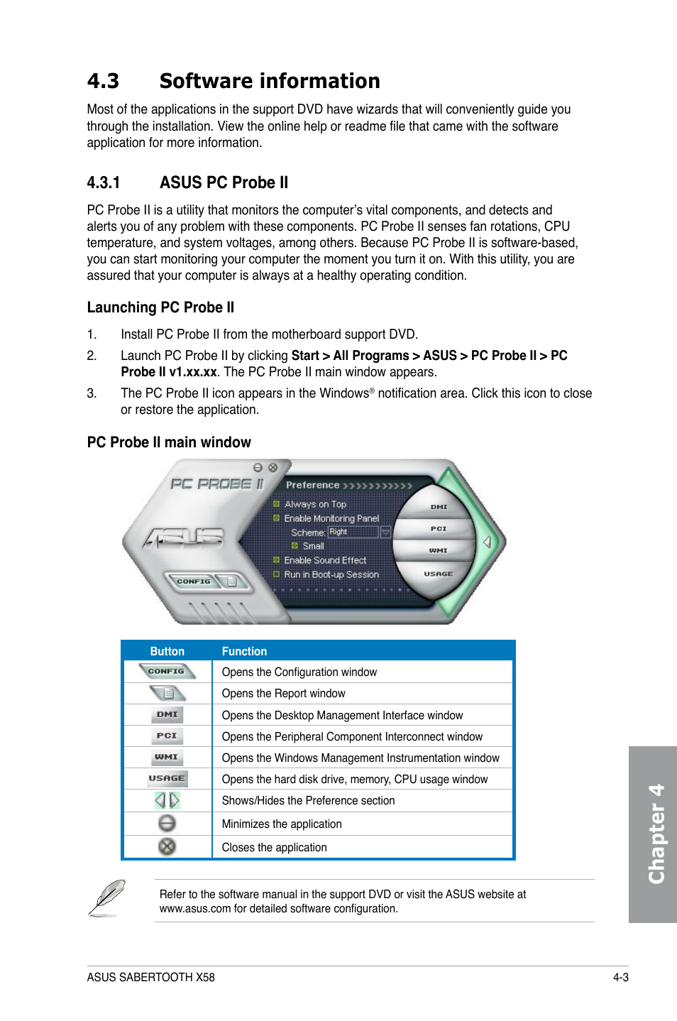 3 software information, 1 asus pc probe ii, Software information -3 4.3.1 | Asus pc probe ii -3, Chapter 4 4.3 software information | Asus Sabertooth X58 User Manual | Page 101 / 128