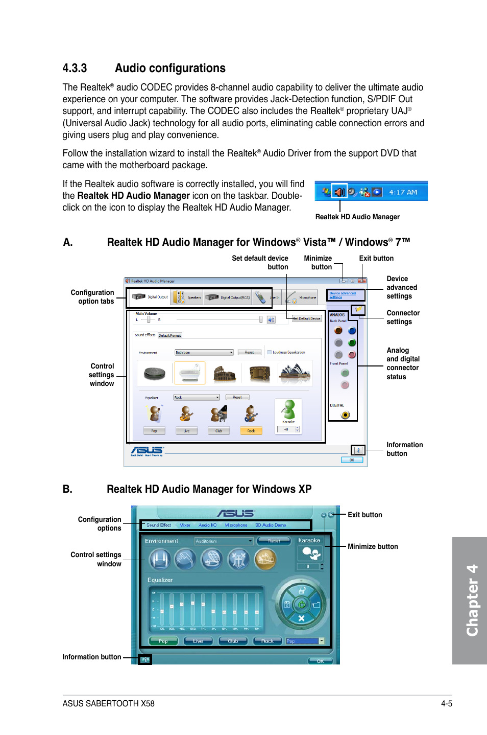 3 audio configurations, Audio configurations -5, Chapter 4 | A. realtek hd audio manager for windows, Vista™ / windows, B. realtek hd audio manager for windows xp | Asus Sabertooth X58 User Manual | Page 103 / 128