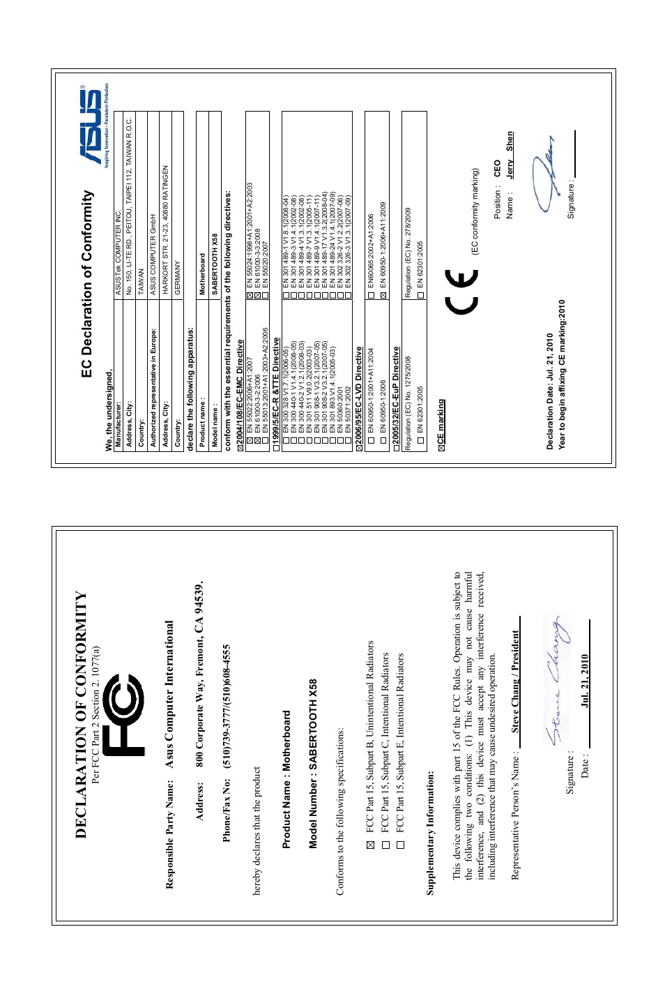 Declaration of conformity, Ec declaration of conformity, Asu s c om pu te r in te rn at io na l | Asus Sabertooth X58 User Manual | Page 128 / 128