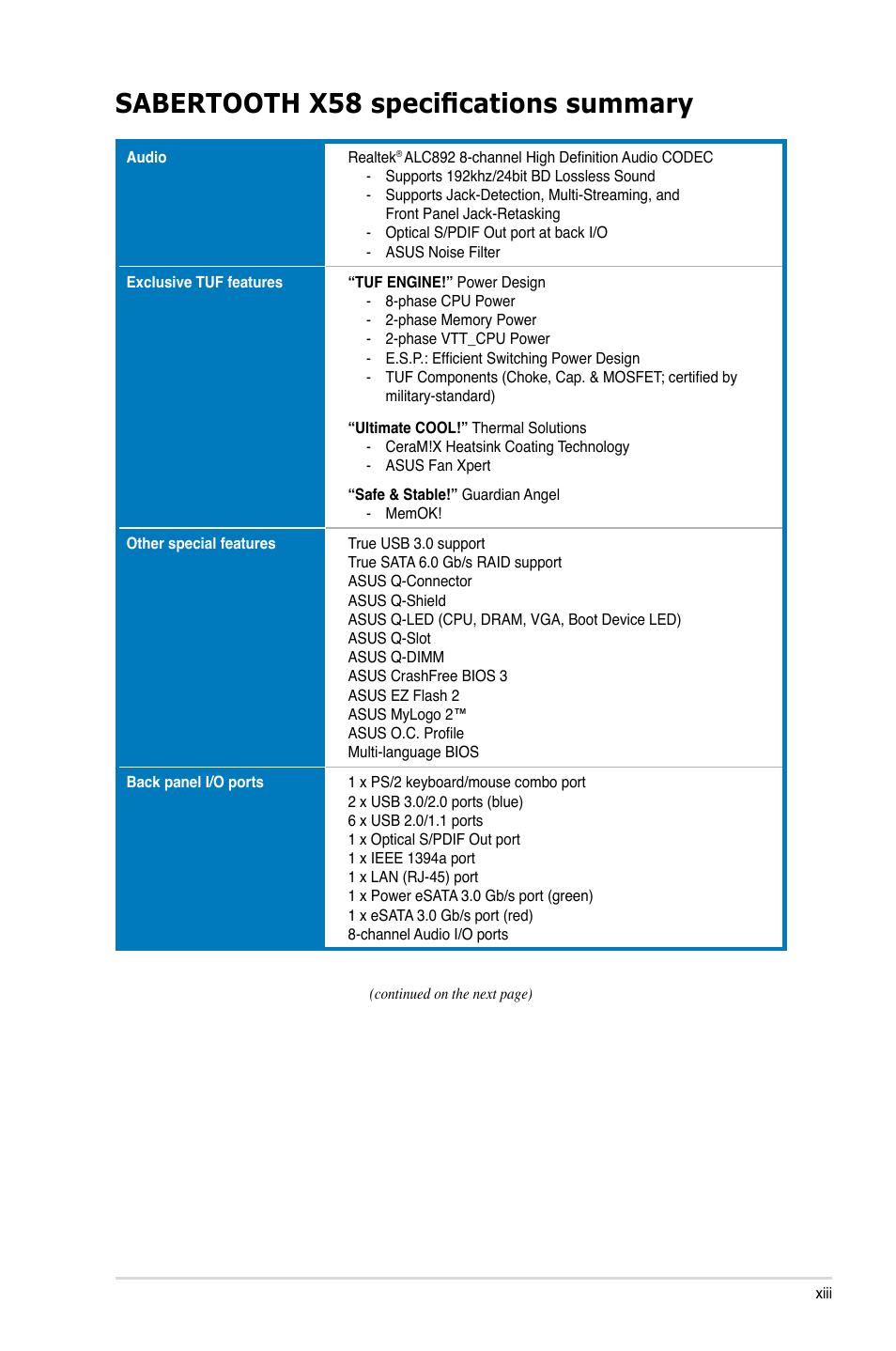 Sabertooth x58 specifications summary | Asus Sabertooth X58 User Manual | Page 13 / 128