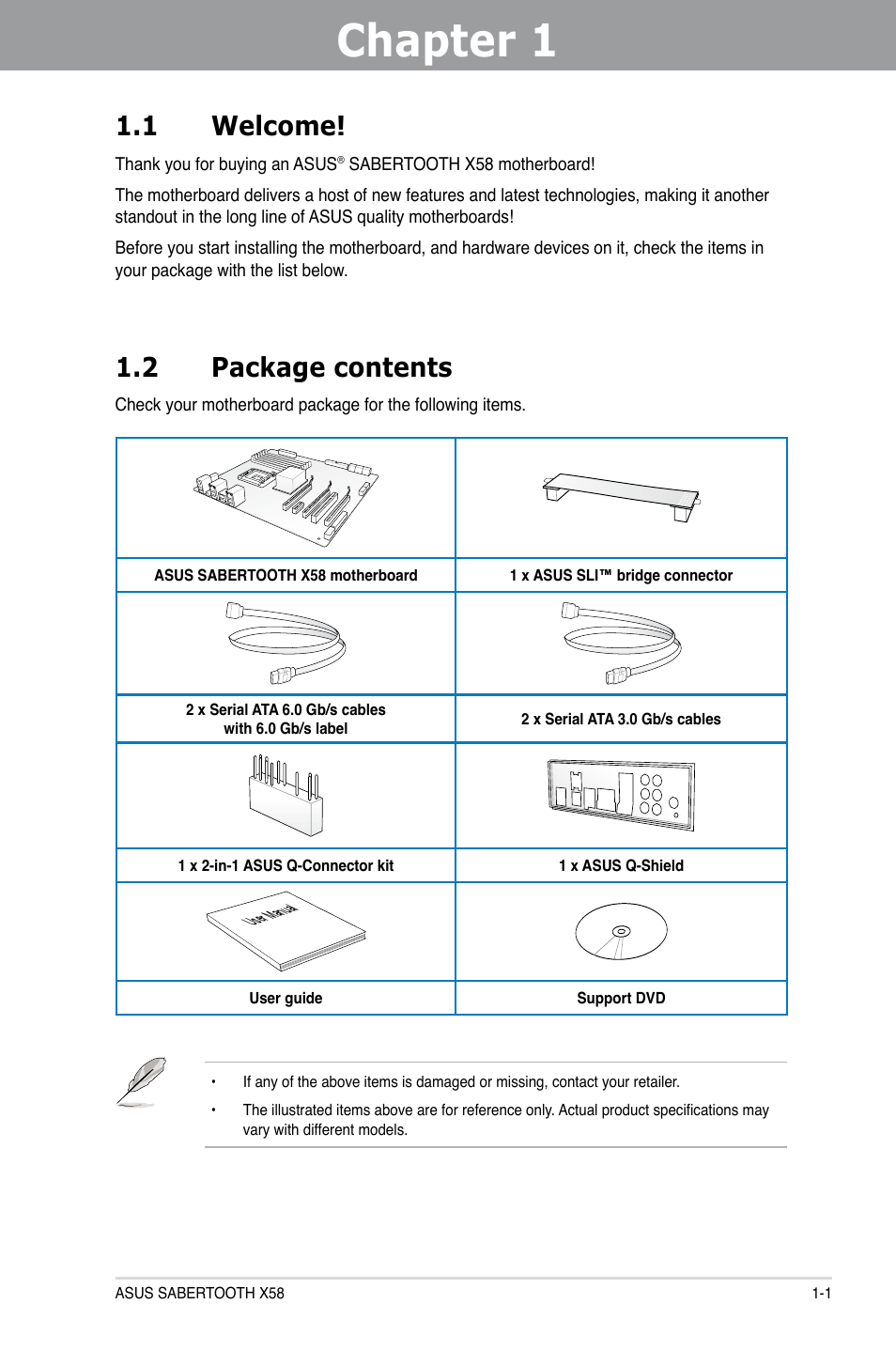 Chapter 1: product introduction, 1 welcome, 2 package contents | Chapter 1, Product introduction, Welcome! -1, Package contents -1, Chapter 1 1.1 welcome | Asus Sabertooth X58 User Manual | Page 15 / 128