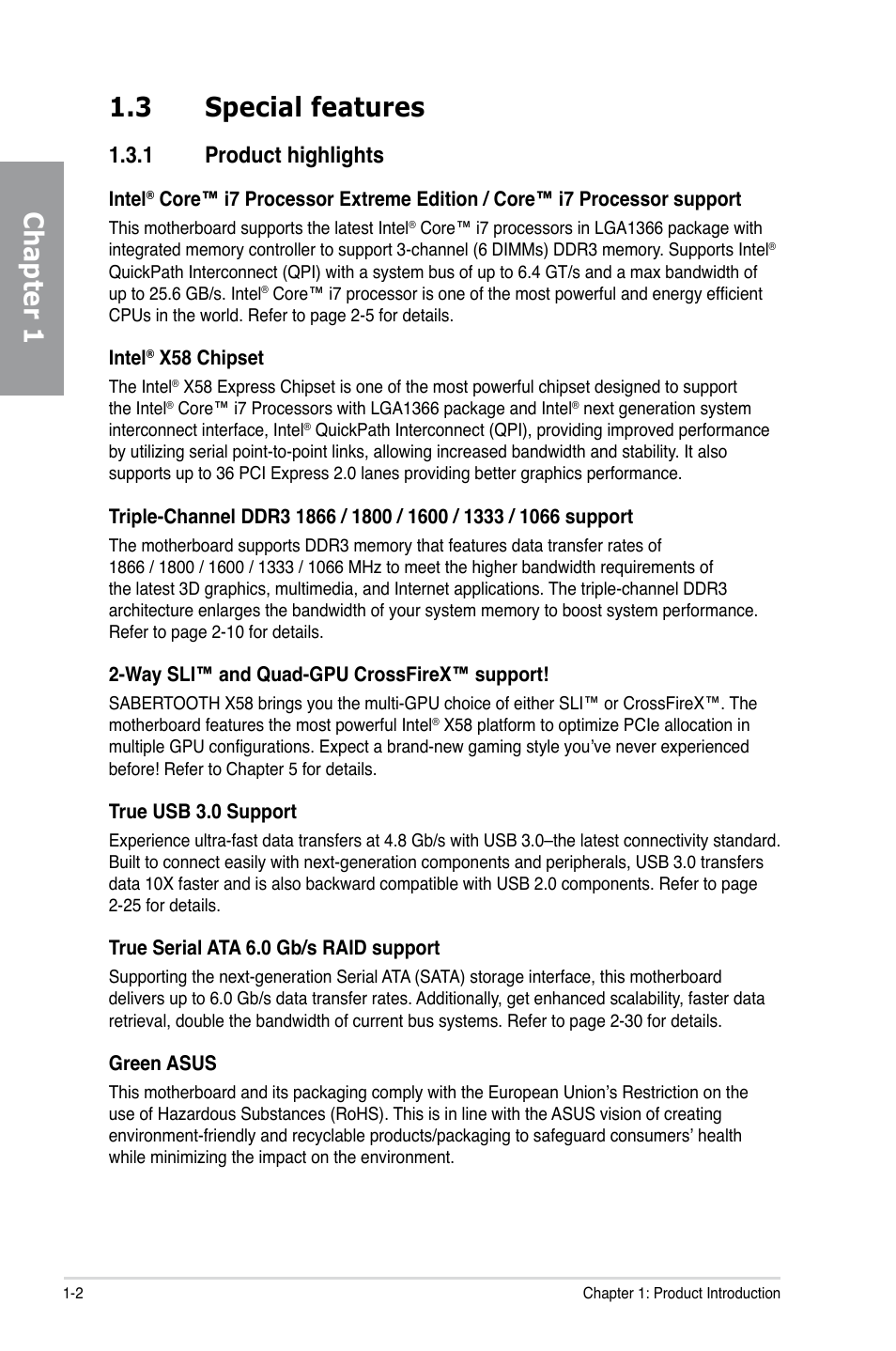 3 special features, 1 product highlights, Special features -2 1.3.1 | Product highlights -2, Chapter 1 1.3 special features | Asus Sabertooth X58 User Manual | Page 16 / 128