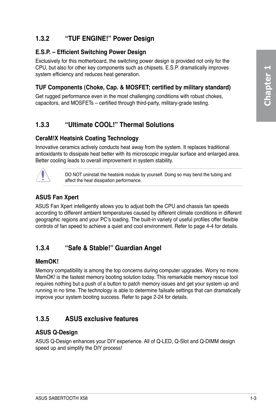 2 “tuf engine!” power design, 3 “ultimate cool!” thermal solutions, 4 “safe & stable!” guardian angel | 5 asus exclusive features, Tuf engine!” power design -3, Ultimate cool!” thermal solutions -3, Safe & stable!” guardian angel -3, Asus exclusive features -3, Chapter 1 | Asus Sabertooth X58 User Manual | Page 17 / 128