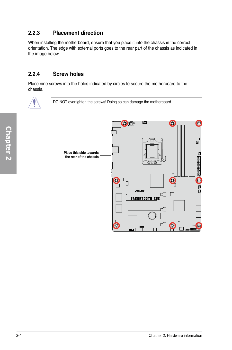 3 placement direction, 4 screw holes, Placement direction -4 | Screw holes -4, Chapter 2 | Asus Sabertooth X58 User Manual | Page 22 / 128