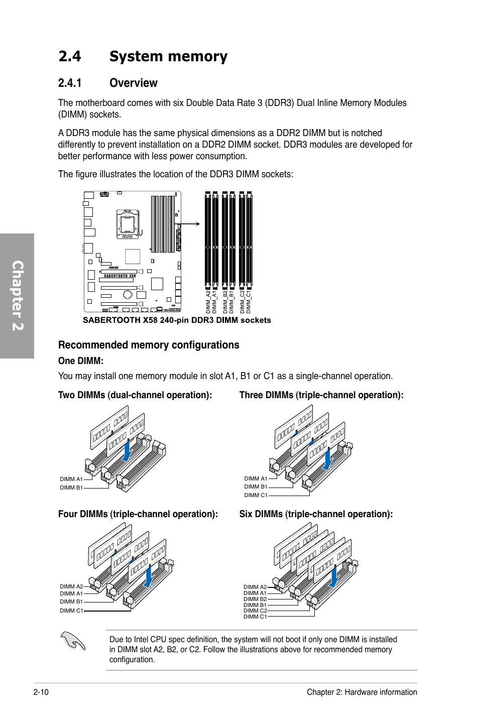 4 system memory, 1 overview, System memory -10 2.4.1 | Overview -10 | Asus Sabertooth X58 User Manual | Page 28 / 128