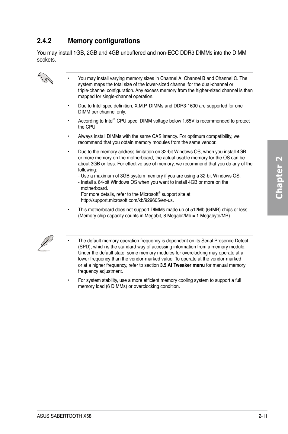 2 memory configurations, Memory configurations -11, Chapter 2 | Asus Sabertooth X58 User Manual | Page 29 / 128