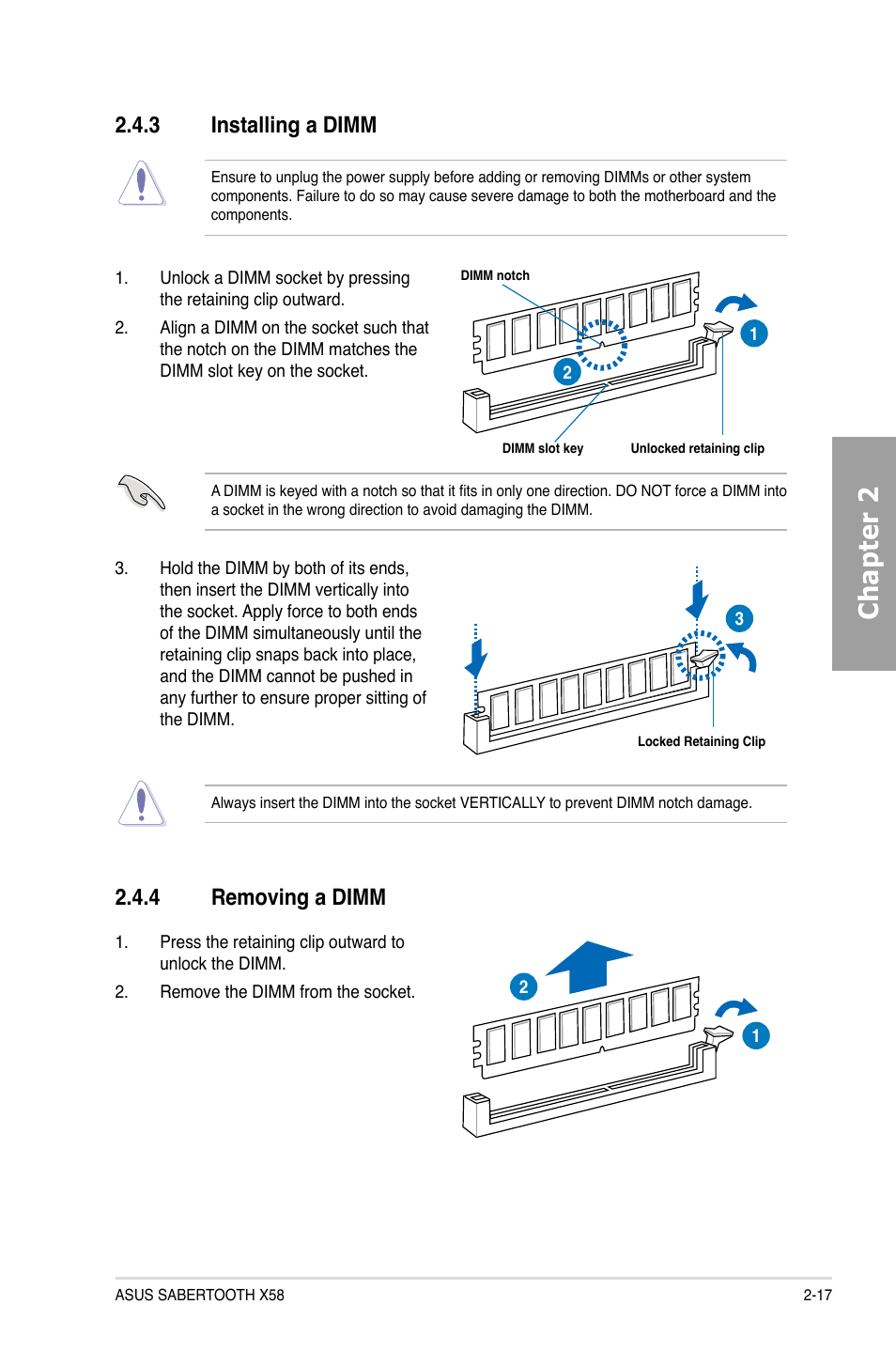 3 installing a dimm, 4 removing a dimm, Installing a dimm -17 | Removing a dimm -17, Chapter 2 | Asus Sabertooth X58 User Manual | Page 35 / 128