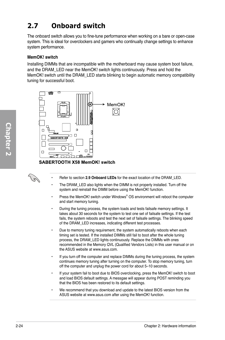 7 onboard switch, Onboard switch -24, Chapter 2 2.7 onboard switch | Asus Sabertooth X58 User Manual | Page 42 / 128