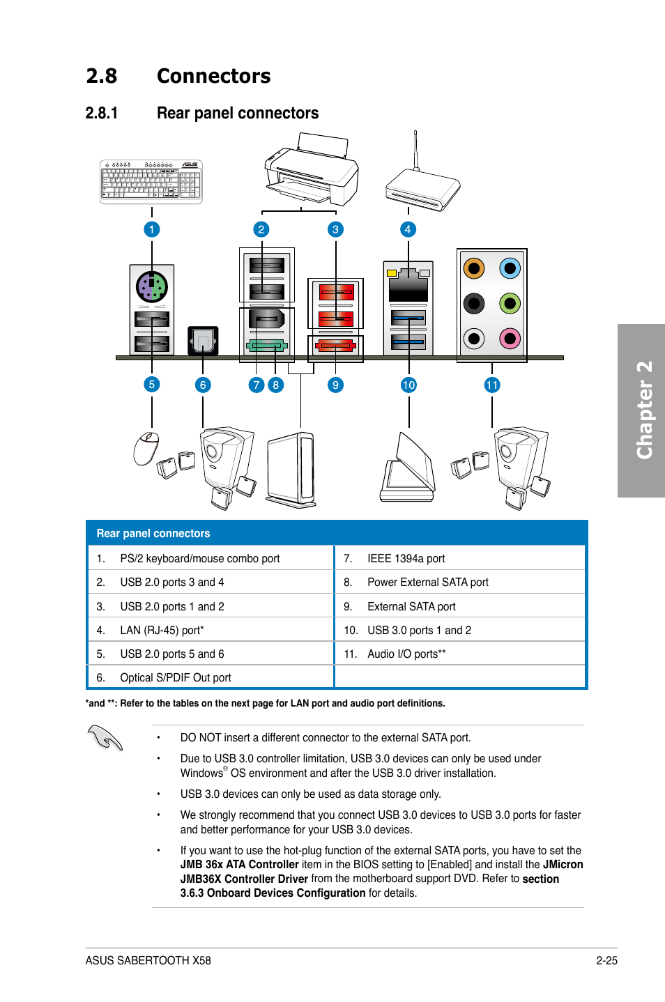 8 connectors, 1 rear panel connectors, Connectors -25 2.8.1 | Rear panel connectors -25, Chapter 2 2.8 connectors | Asus Sabertooth X58 User Manual | Page 43 / 128