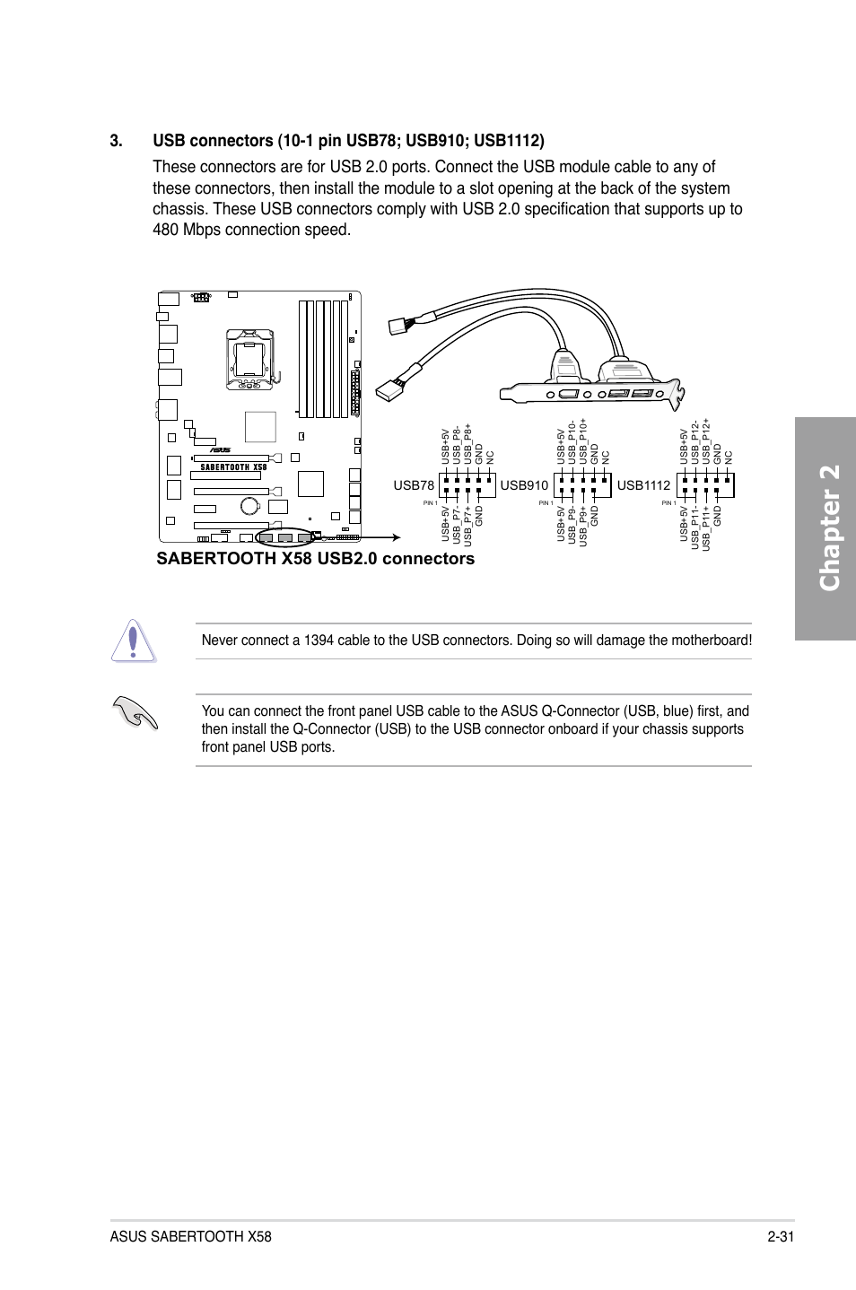 Chapter 2, Sabertooth x58 usb2.0 connectors | Asus Sabertooth X58 User Manual | Page 49 / 128