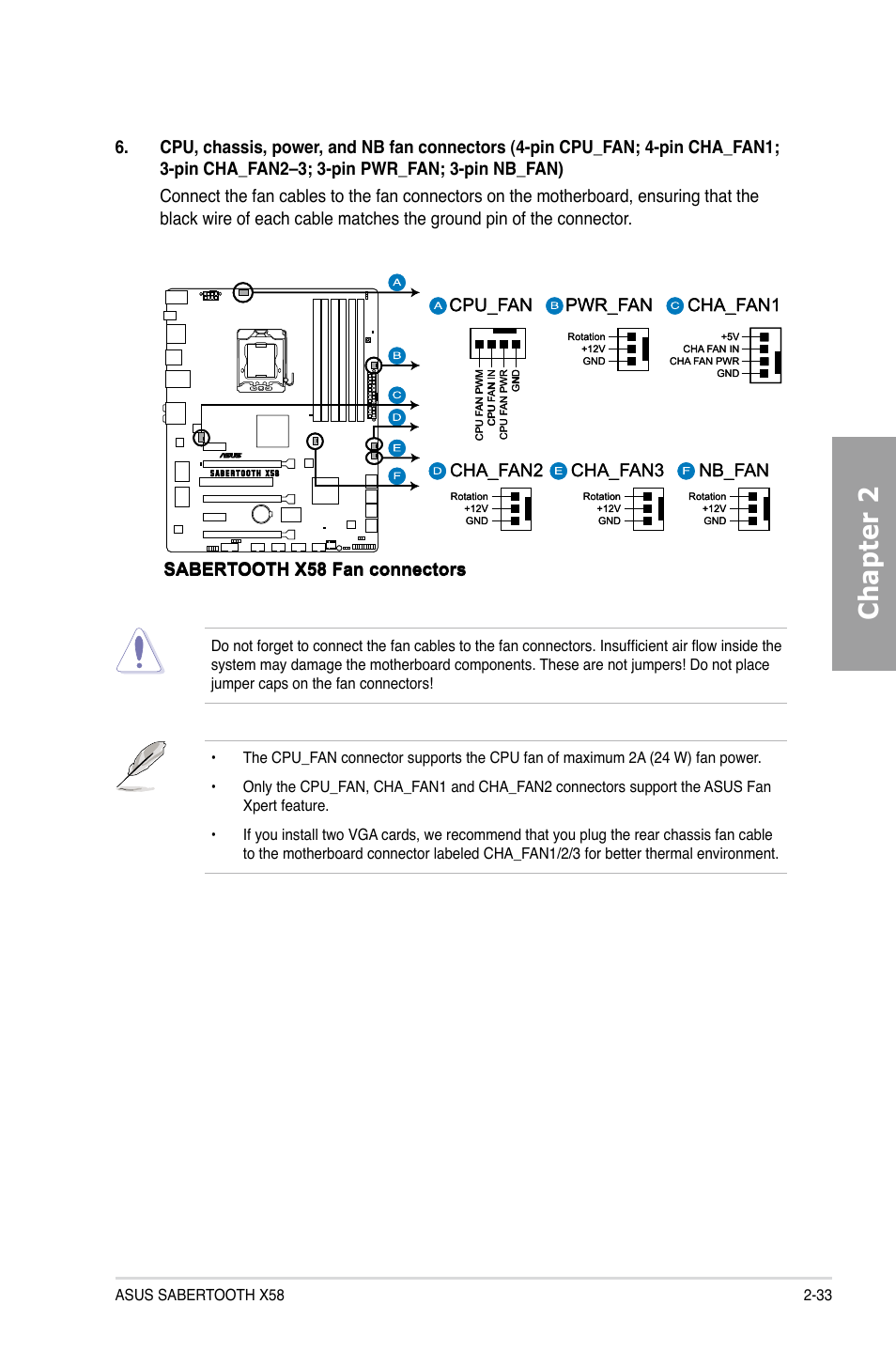 Chapter 2, Cpu_fan cha_fan1 sabertooth x58 fan connectors, Cha_fan3 | Nb_fan, Pwr_fan, Cha_fan2 | Asus Sabertooth X58 User Manual | Page 51 / 128