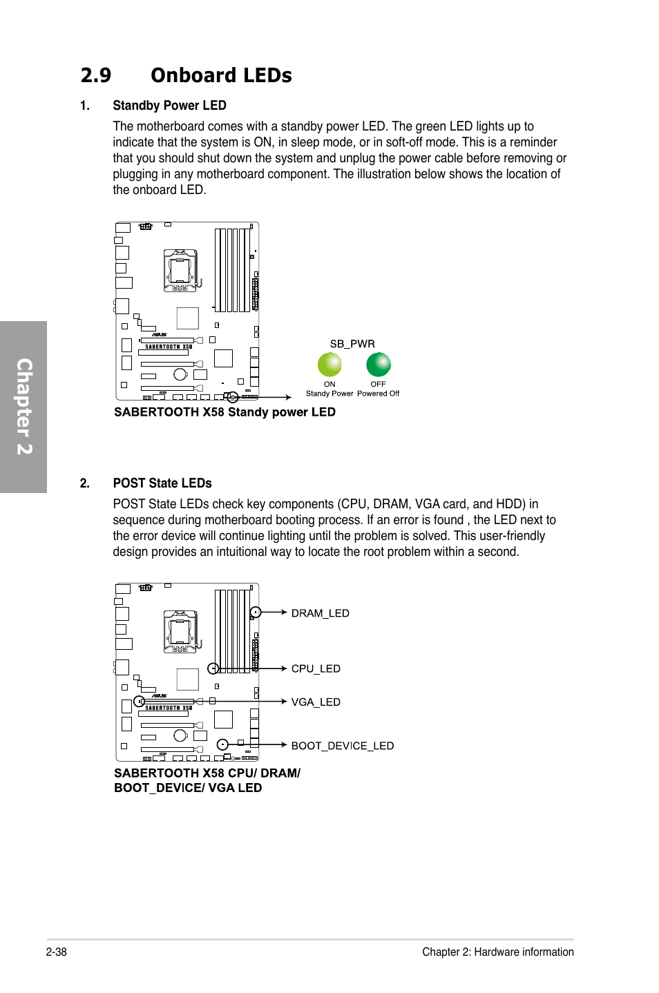 9 onboard leds, Onboard leds -38, Chapter 2 2.9 onboard leds | Asus Sabertooth X58 User Manual | Page 56 / 128