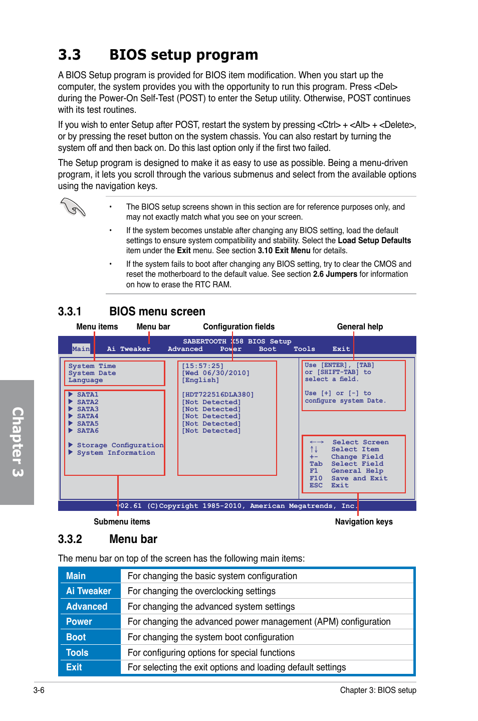 3 bios setup program, 1 bios menu screen, 2 menu bar | Bios setup program -6 3.3.1, Bios menu screen -6, Menu bar -6, Chapter 3 | Asus Sabertooth X58 User Manual | Page 64 / 128